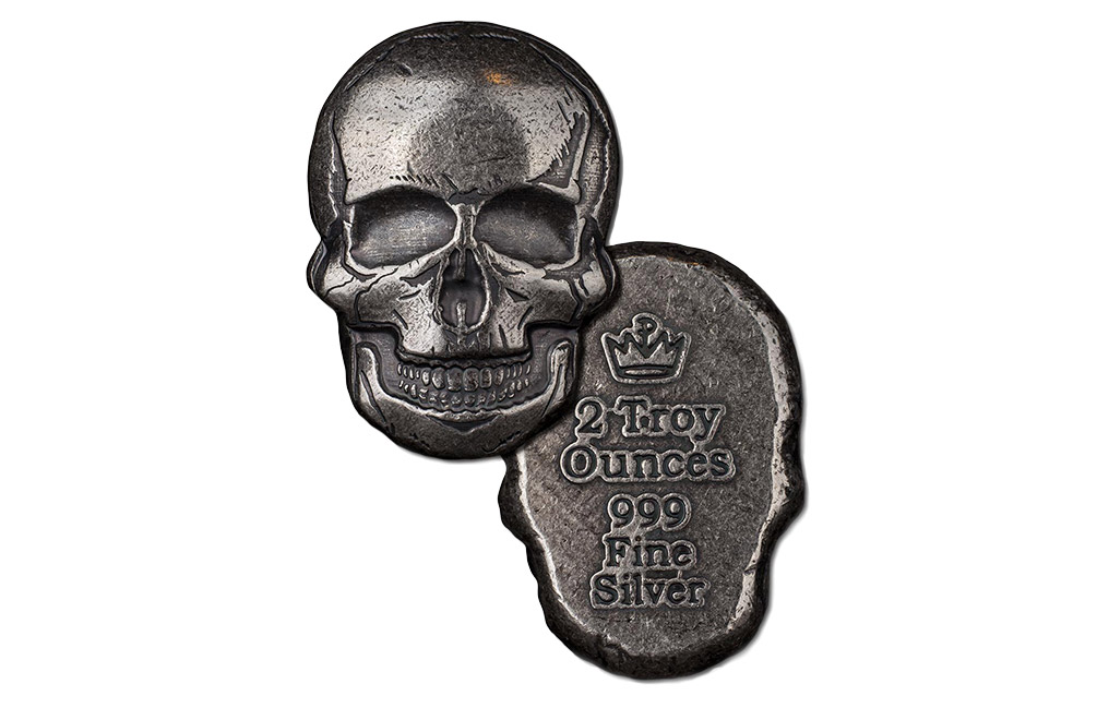 Buy 2 oz Silver Bar .999 - 3D Skull - Antique Finish, image 1