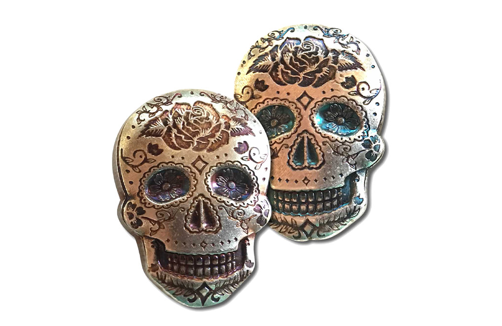 Buy 2 oz Silver 3D Skull Day of the Dead Rose Bar, image 4