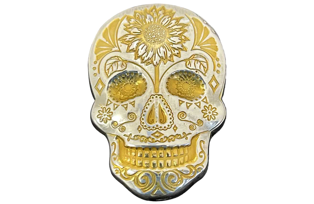 Buy 2 oz Silver Day of the Dead Sunflower 3D Gold Plated Skull Bar, image 0