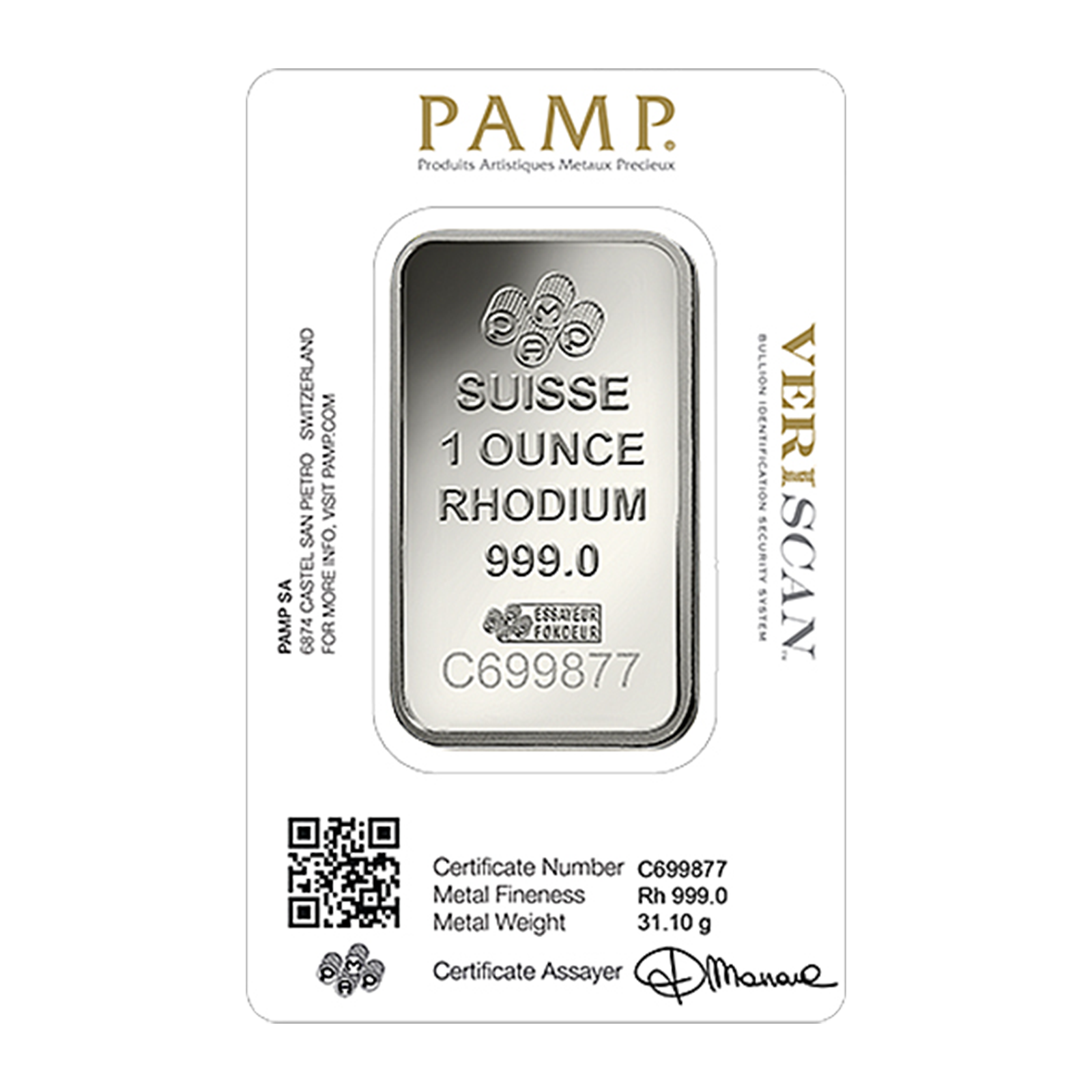1 oz PAMP Suisse Lady Fortuna Rhodium Bars (Veriscan), image 1