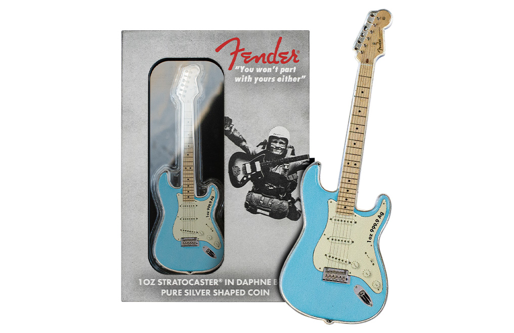1 oz Silver Daphne Blue Fender® Stratocaster® Coin (2023), image 2