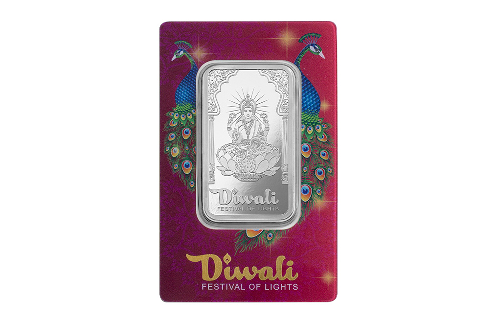 Buy 1 oz Silver Diwali Lakshmi & Peacocks Bar (2024) [Canada shipping the week of Oct 21st], image 0