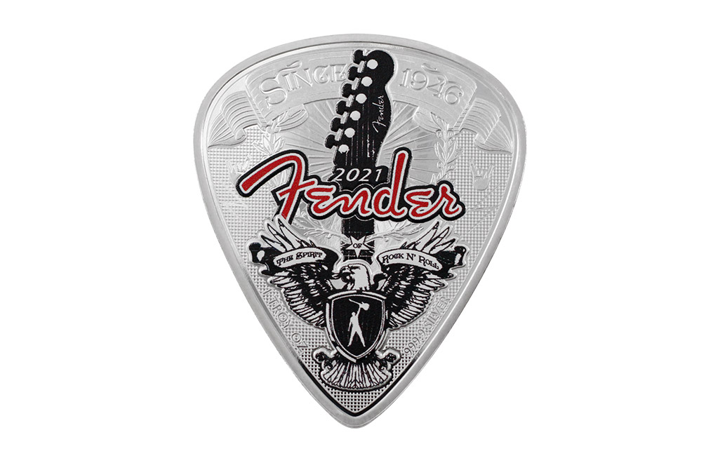 Buy 1 oz Pure Silver Fender® 75th Anniversary Guitar Pick Coin (2021), image 0