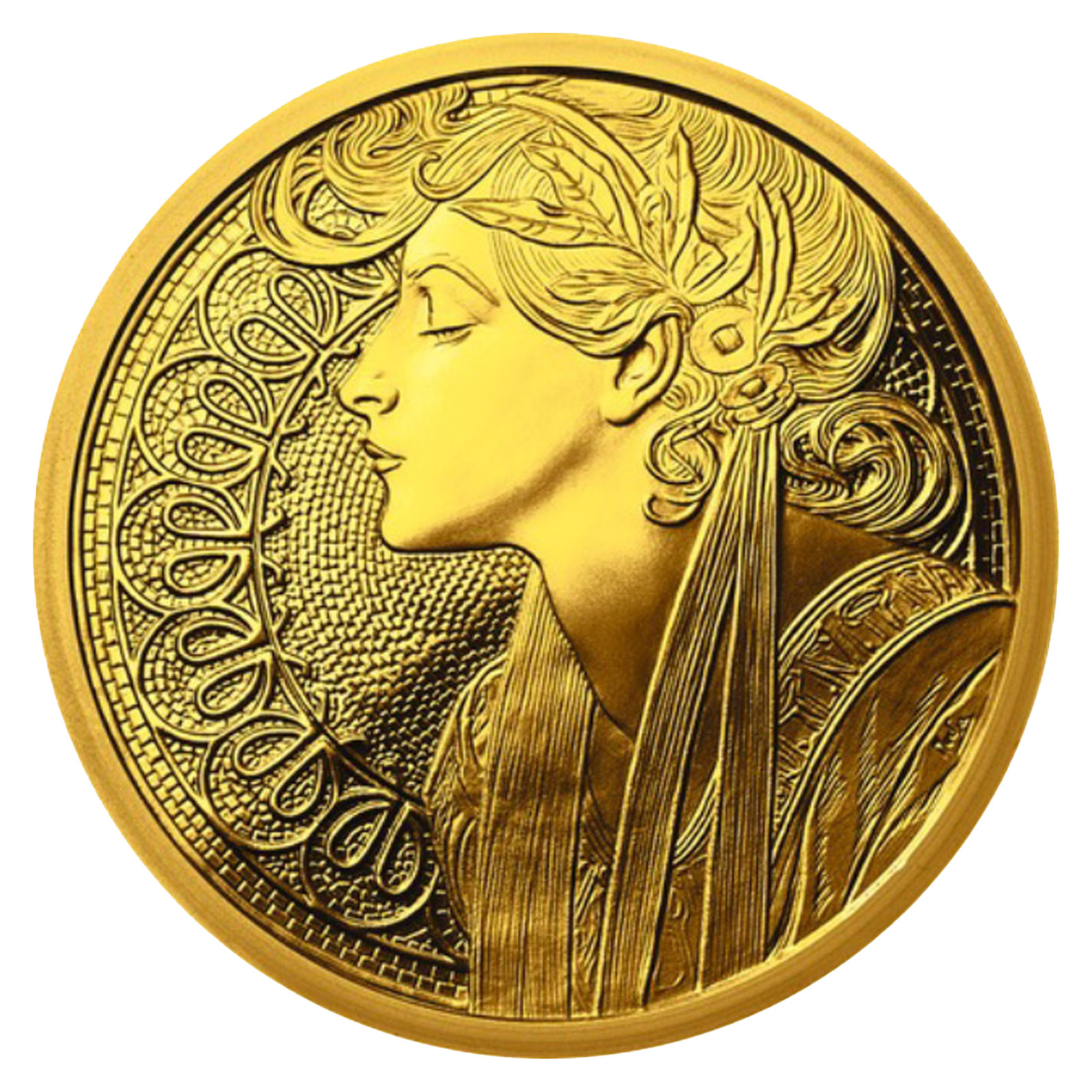 Buy 1 oz Silver Mucha Laurel Gold Plated Proof Round, image 0