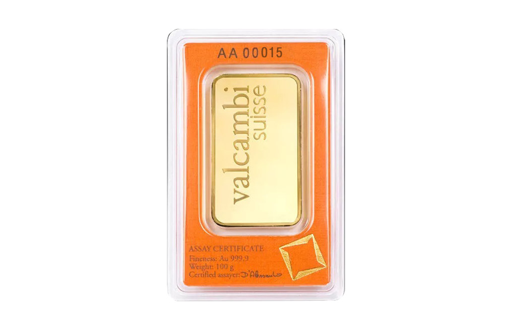 Buy Valcambi Suisse 100 g Gold Minted Bars (w/ assay), image 1