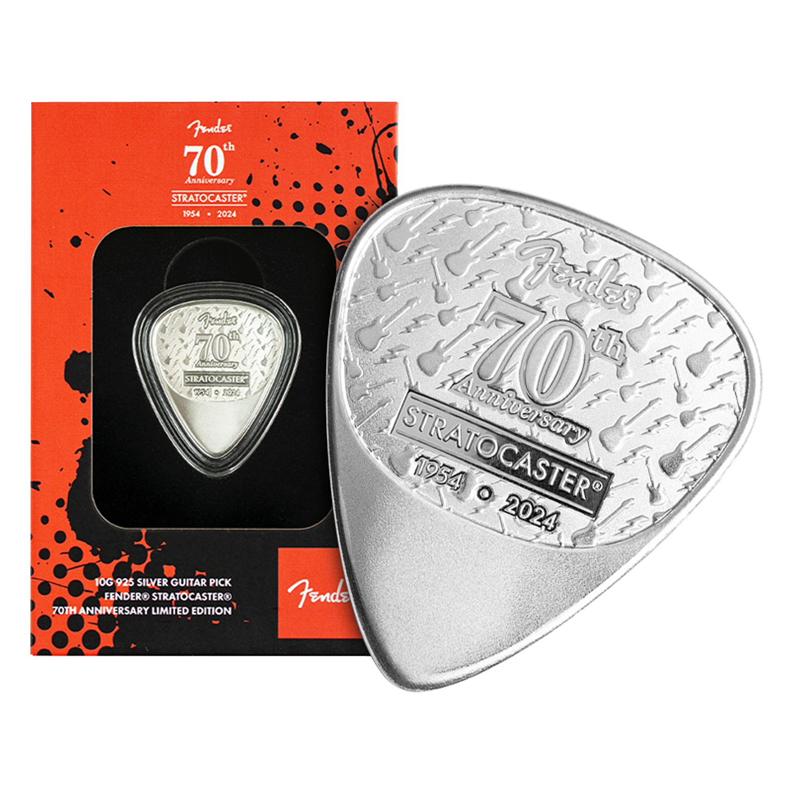 Buy 10 g Sterling Silver Fender® Stratocaster® 70th Anniversary Playable Pick .925, image 0