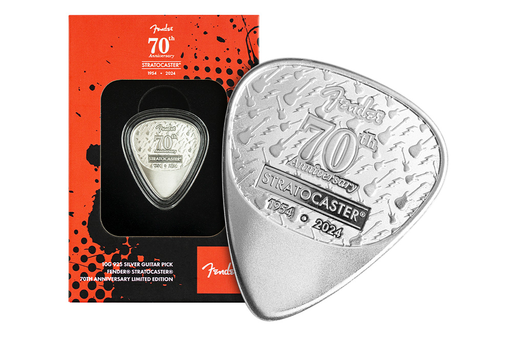 Buy 10 g Sterling Silver Fender® Stratocaster® 70th Anniversary Playable Pick .925, image 2