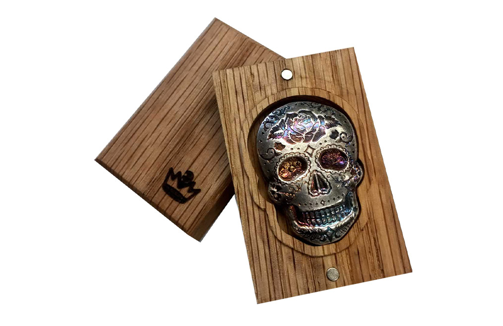 Buy 2 oz Silver 3D Skull Day of the Dead Rose Bar, image 1