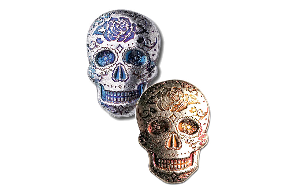 Buy 2 oz Silver 3D Skull Day of the Dead Rose Bar, image 3
