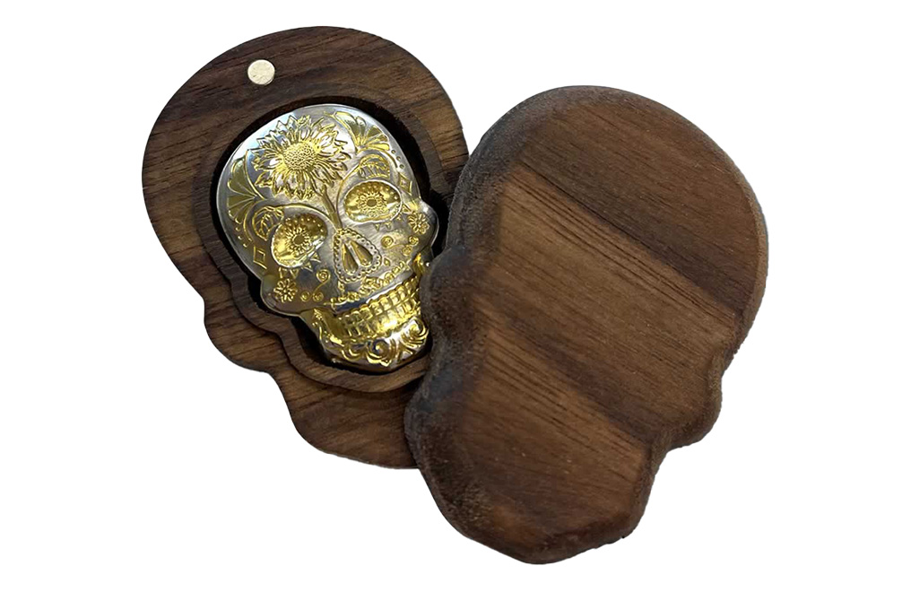 Buy 2 oz Silver Day of the Dead Sunflower 3D Gold Plated Skull Bar, image 2