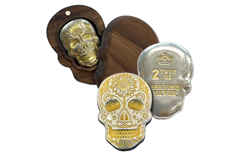 Buy 2 oz Silver Day of the Dead Sunflower 3D Gold Plated Skull Bar, image 4