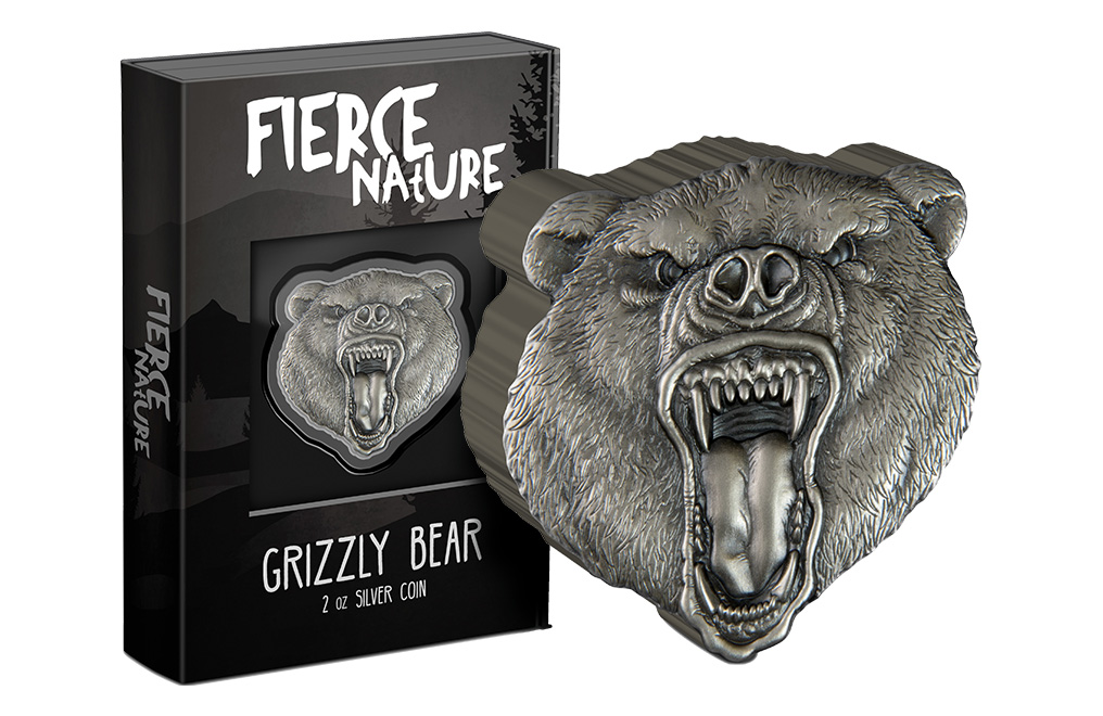 Buy 2 oz Silver Fierce Nature Grizzly Bear Coin (2023), image 2